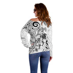 New Zealand Sea Animals with Maori Tribal Tattoo Off Shoulder Sweater White Color