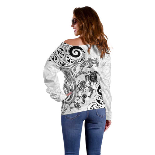 New Zealand Sea Animals with Maori Tribal Tattoo Off Shoulder Sweater White Color