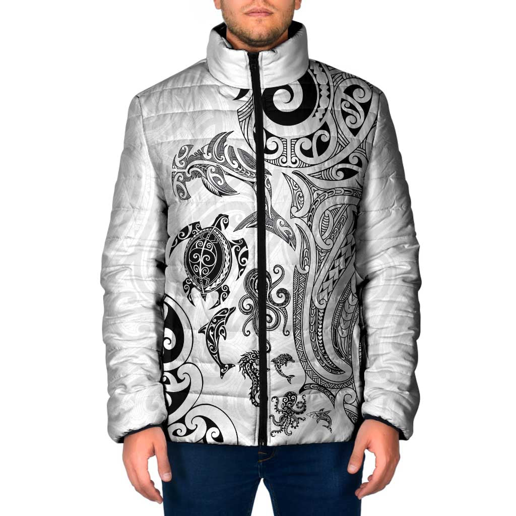 New Zealand Sea Animals with Maori Tribal Tattoo Padded Jacket White Color