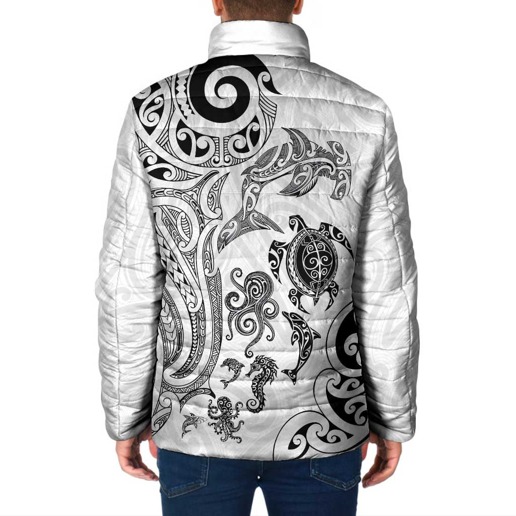 New Zealand Sea Animals with Maori Tribal Tattoo Padded Jacket White Color