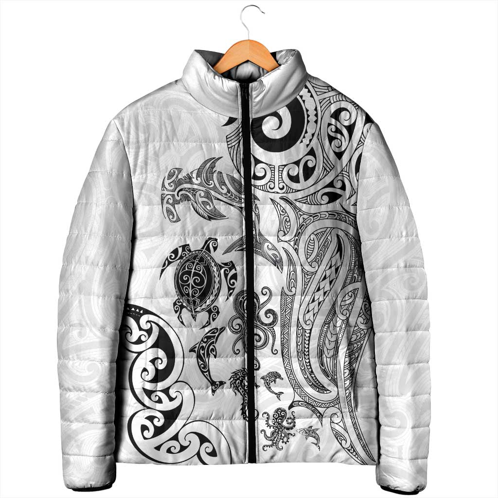 New Zealand Sea Animals with Maori Tribal Tattoo Padded Jacket White Color
