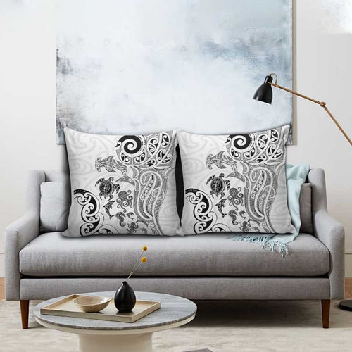 New Zealand Sea Animals with Maori Tribal Tattoo Pillow Cover White Color