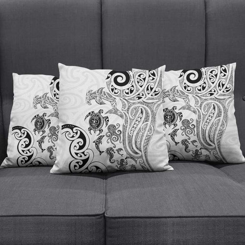 New Zealand Sea Animals with Maori Tribal Tattoo Pillow Cover White Color