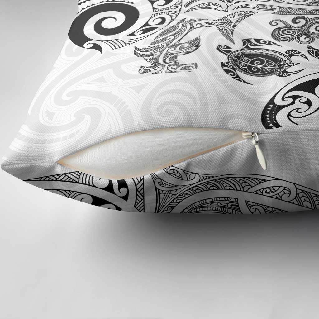 New Zealand Sea Animals with Maori Tribal Tattoo Pillow Cover White Color
