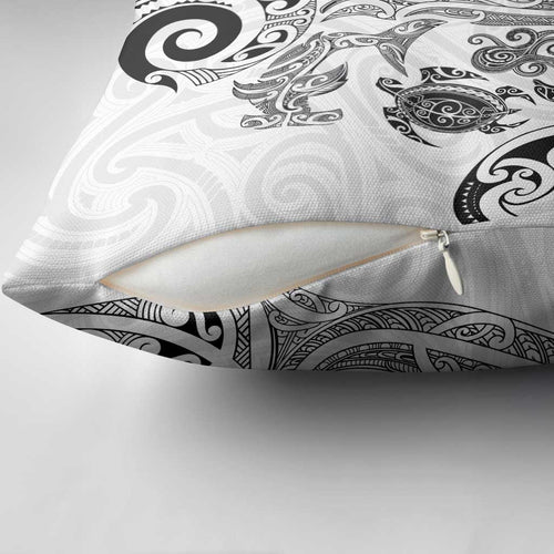 New Zealand Sea Animals with Maori Tribal Tattoo Pillow Cover White Color