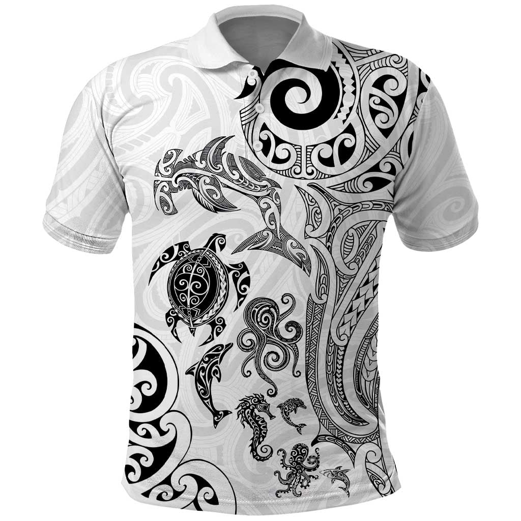 New Zealand Sea Animals with Maori Tribal Tattoo Polo Shirt White Color