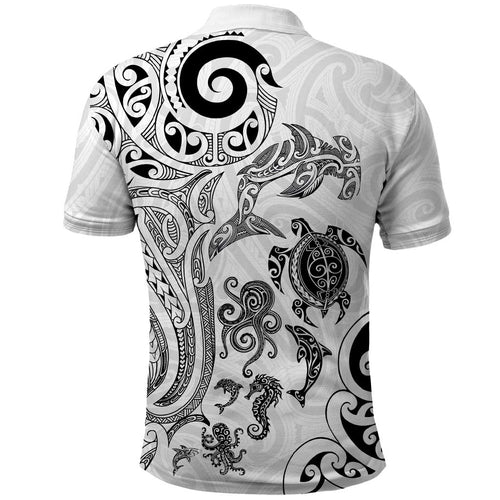 New Zealand Sea Animals with Maori Tribal Tattoo Polo Shirt White Color