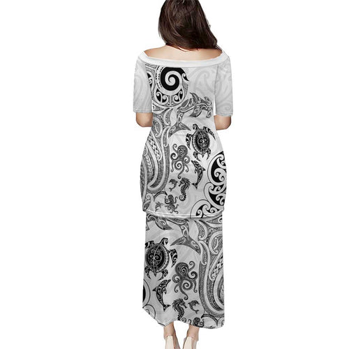 New Zealand Sea Animals with Maori Tribal Tattoo Puletasi White Color