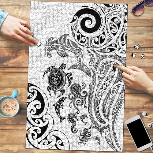 New Zealand Sea Animals with Maori Tribal Tattoo Puzzle White Color