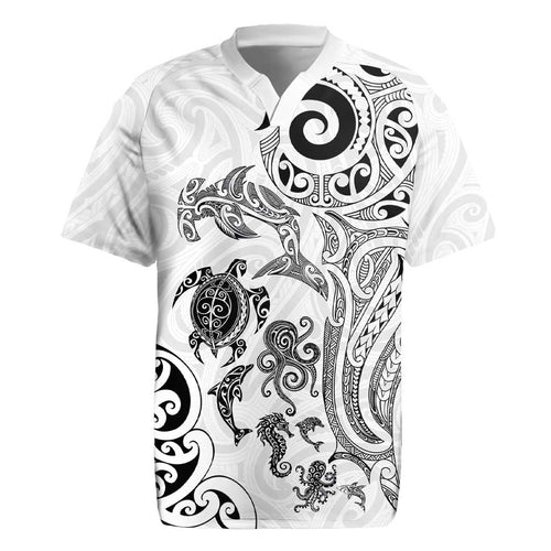 New Zealand Sea Animals with Maori Tribal Tattoo Rugby Jersey White Color