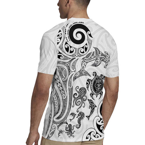 New Zealand Sea Animals with Maori Tribal Tattoo Rugby Jersey White Color
