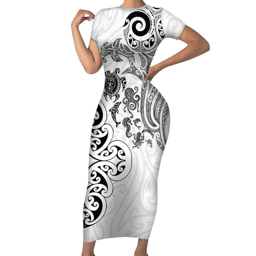 New Zealand Sea Animals with Maori Tribal Tattoo Short Sleeve Bodycon Dress White Color