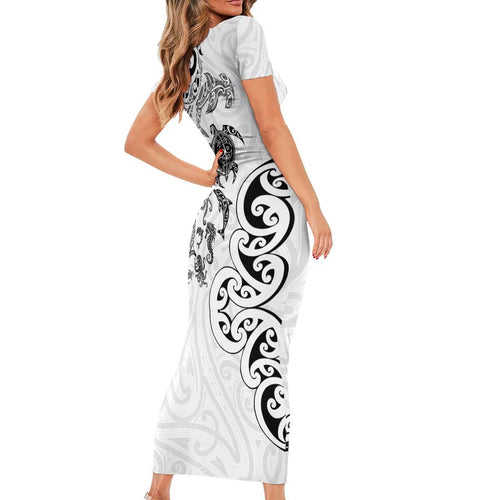 New Zealand Sea Animals with Maori Tribal Tattoo Short Sleeve Bodycon Dress White Color