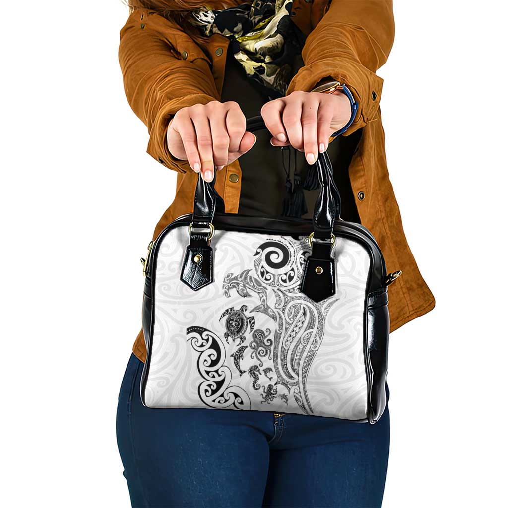 New Zealand Sea Animals with Maori Tribal Tattoo Shoulder Handbag White Color
