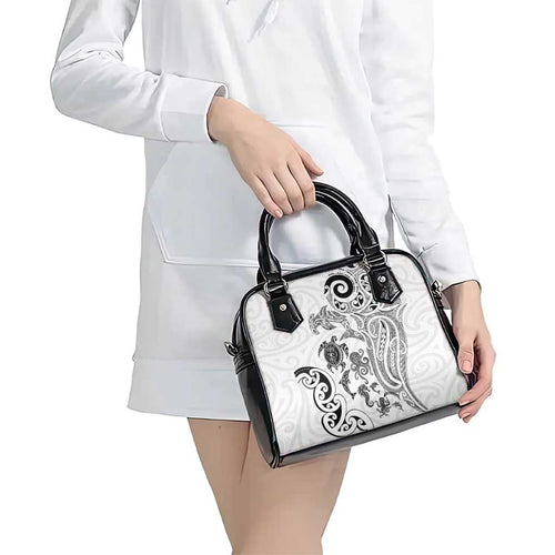 New Zealand Sea Animals with Maori Tribal Tattoo Shoulder Handbag White Color