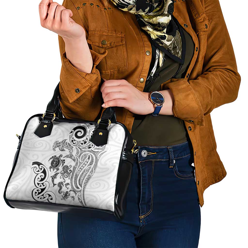New Zealand Sea Animals with Maori Tribal Tattoo Shoulder Handbag White Color
