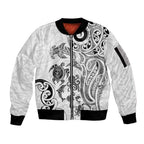 New Zealand Sea Animals with Maori Tribal Tattoo Sleeve Zip Bomber Jacket White Color