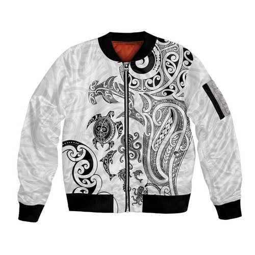 New Zealand Sea Animals with Maori Tribal Tattoo Sleeve Zip Bomber Jacket White Color