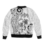 New Zealand Sea Animals with Maori Tribal Tattoo Sleeve Zip Bomber Jacket White Color
