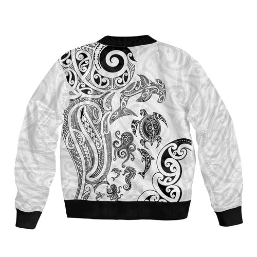 New Zealand Sea Animals with Maori Tribal Tattoo Sleeve Zip Bomber Jacket White Color