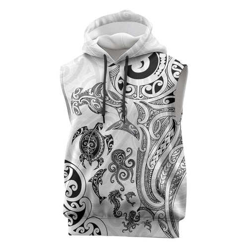 New Zealand Sea Animals with Maori Tribal Tattoo Sleeveless Hoodie White Color