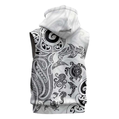 New Zealand Sea Animals with Maori Tribal Tattoo Sleeveless Hoodie White Color