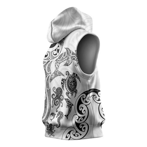 New Zealand Sea Animals with Maori Tribal Tattoo Sleeveless Hoodie White Color