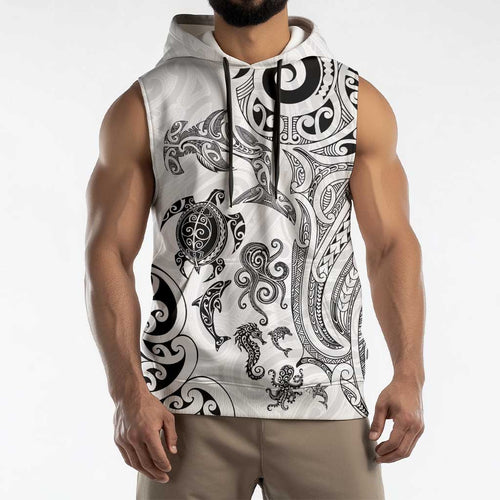 New Zealand Sea Animals with Maori Tribal Tattoo Sleeveless Hoodie White Color
