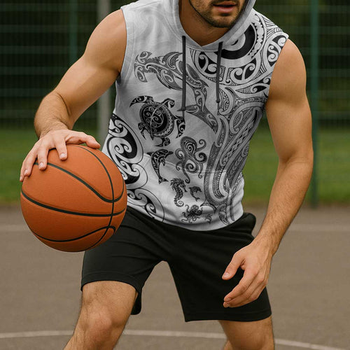 New Zealand Sea Animals with Maori Tribal Tattoo Sleeveless Hoodie White Color