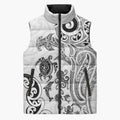 New Zealand Sea Animals with Maori Tribal Tattoo Sleeveless Puffer Jacket White Color