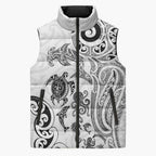 New Zealand Sea Animals with Maori Tribal Tattoo Sleeveless Puffer Jacket White Color