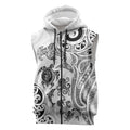 New Zealand Sea Animals with Maori Tribal Tattoo Sleeveless Zip Hoodie White Color