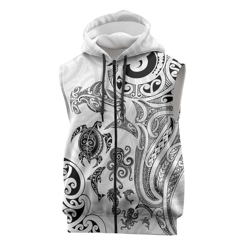New Zealand Sea Animals with Maori Tribal Tattoo Sleeveless Zip Hoodie White Color