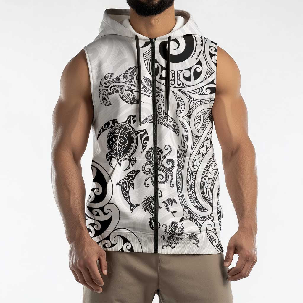 New Zealand Sea Animals with Maori Tribal Tattoo Sleeveless Zip Hoodie White Color