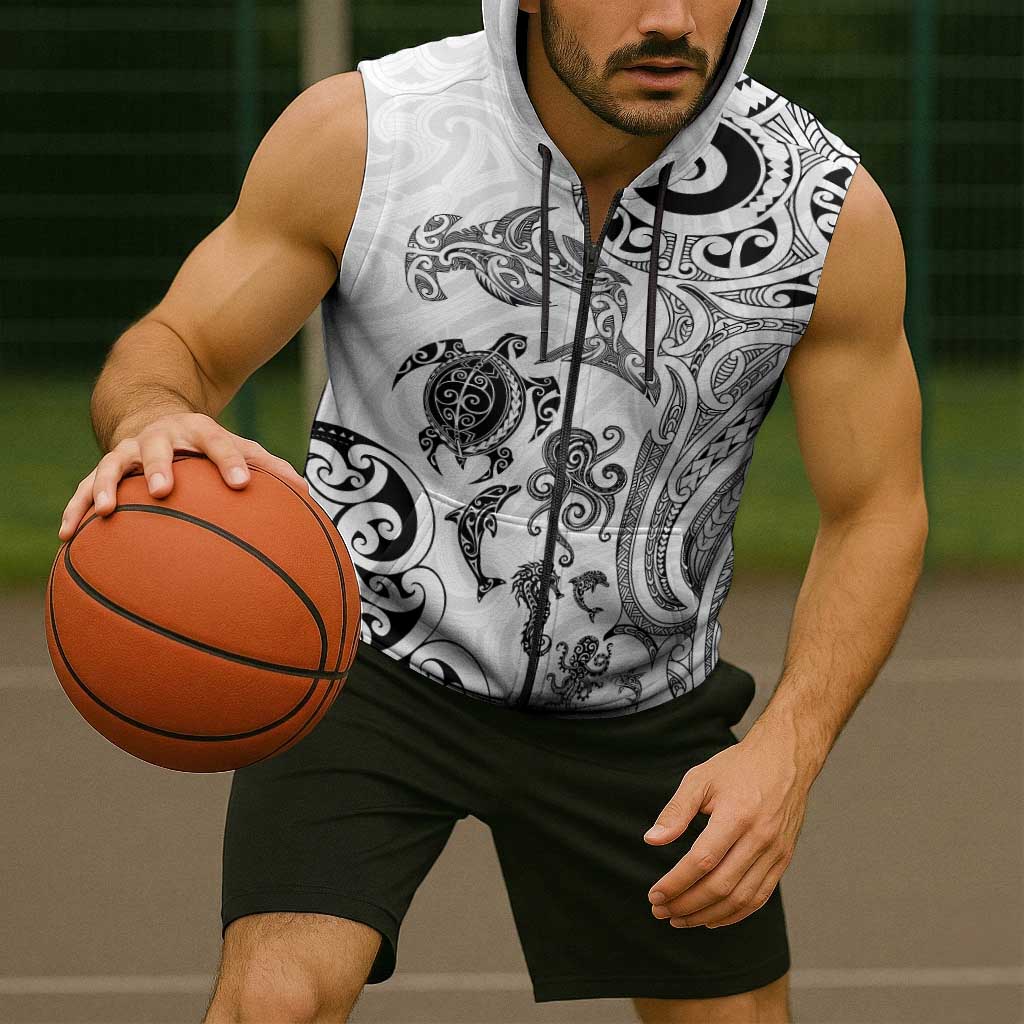 New Zealand Sea Animals with Maori Tribal Tattoo Sleeveless Zip Hoodie White Color