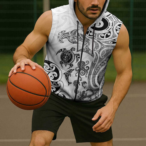 New Zealand Sea Animals with Maori Tribal Tattoo Sleeveless Zip Hoodie White Color