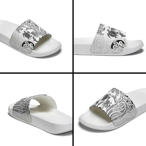 New Zealand Sea Animals with Maori Tribal Tattoo Slide Sandals White Color