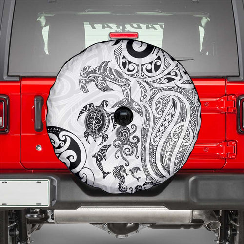 New Zealand Sea Animals with Maori Tribal Tattoo Spare Tire Cover White Color