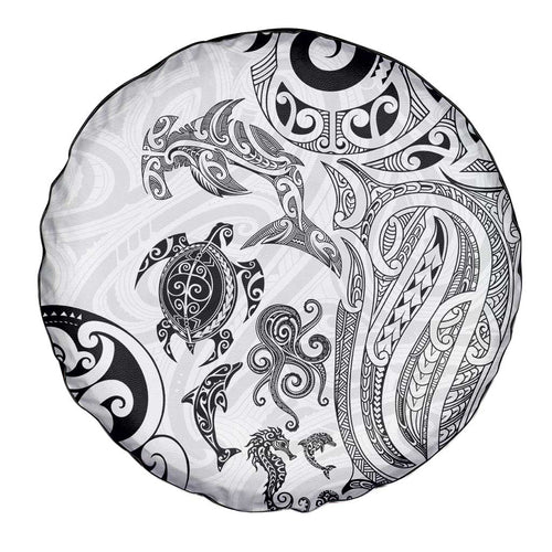 New Zealand Sea Animals with Maori Tribal Tattoo Spare Tire Cover White Color