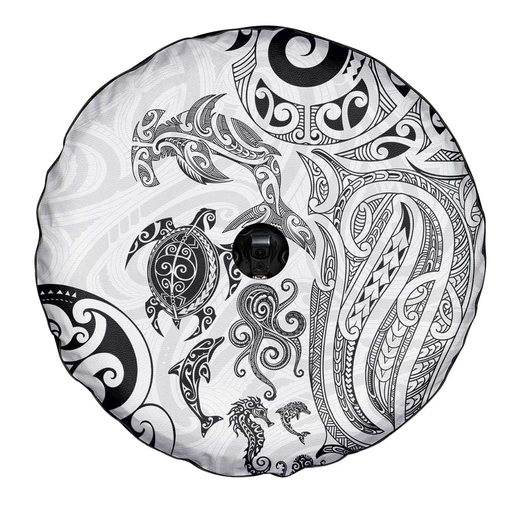 New Zealand Sea Animals with Maori Tribal Tattoo Spare Tire Cover White Color