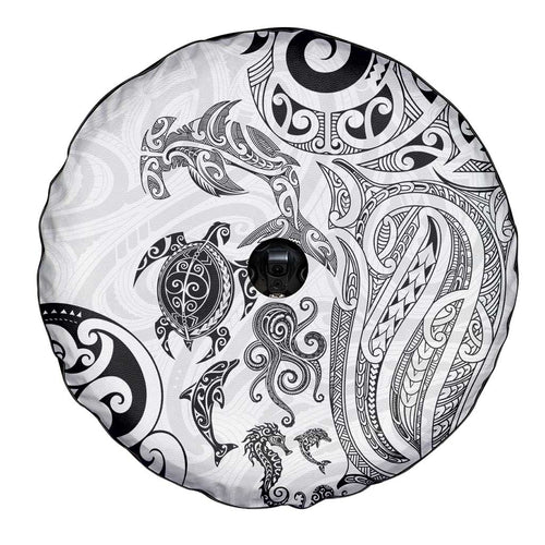 New Zealand Sea Animals with Maori Tribal Tattoo Spare Tire Cover White Color