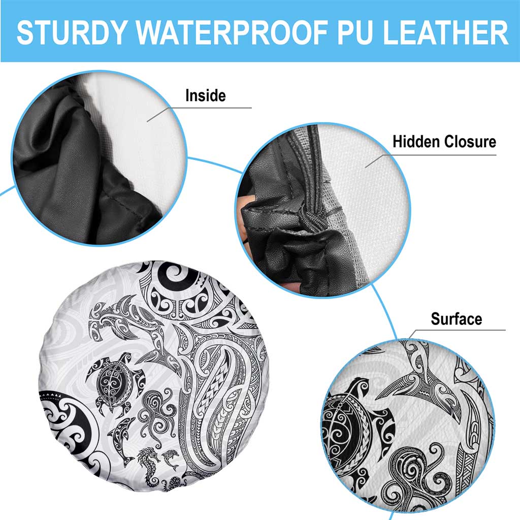 New Zealand Sea Animals with Maori Tribal Tattoo Spare Tire Cover White Color