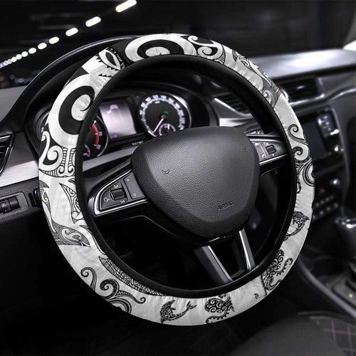 New Zealand Sea Animals with Maori Tribal Tattoo Steering Wheel Cover White Color
