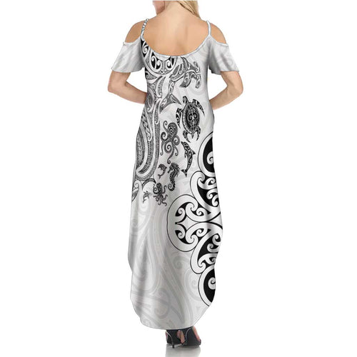New Zealand Sea Animals with Maori Tribal Tattoo Summer Maxi Dress White Color