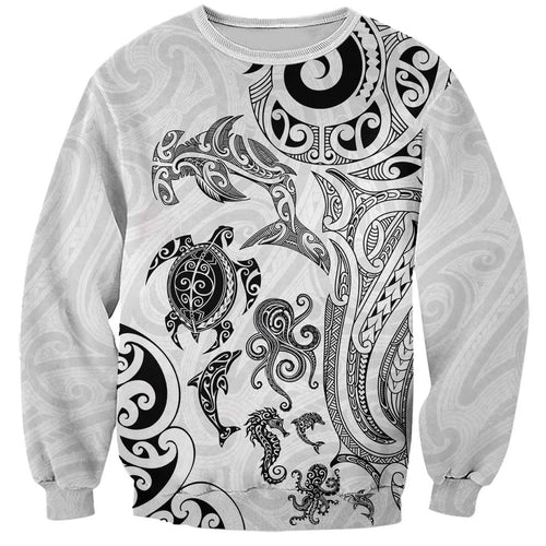 New Zealand Sea Animals with Maori Tribal Tattoo Sweatshirt White Color
