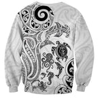 New Zealand Sea Animals with Maori Tribal Tattoo Sweatshirt White Color