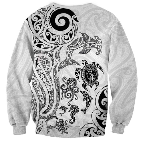 New Zealand Sea Animals with Maori Tribal Tattoo Sweatshirt White Color