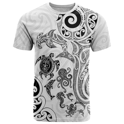 New Zealand Sea Animals with Maori Tribal Tattoo T Shirt White Color