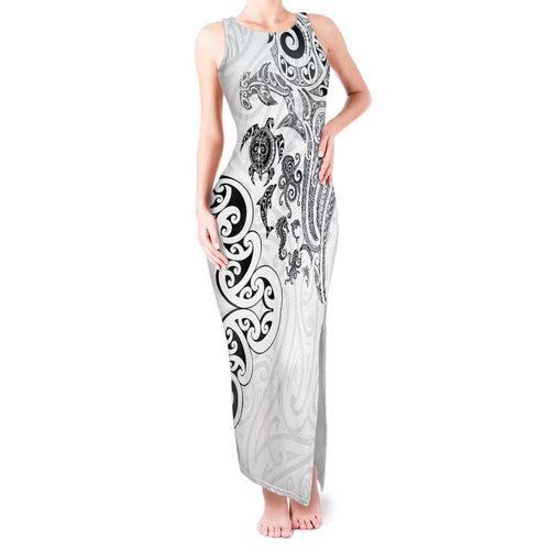 New Zealand Sea Animals with Maori Tribal Tattoo Tank Maxi Dress White Color
