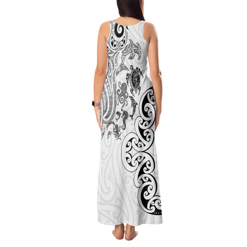 New Zealand Sea Animals with Maori Tribal Tattoo Tank Maxi Dress White Color